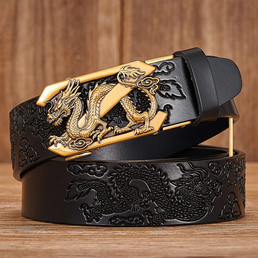 Male Genuine Leather Belts Casual Ratchet Belt with Automatic Buckle Luxury Design Dragon Pattern Belts for Business Men Strap