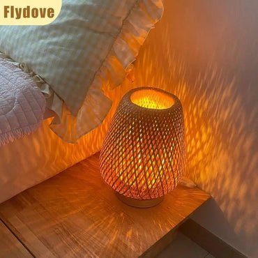 Ins Creative Retro LED Bamboo Weaving Table Lamp Restaurant Homestay Desk Decoration Atmosphere Projection Lighting Fixtures