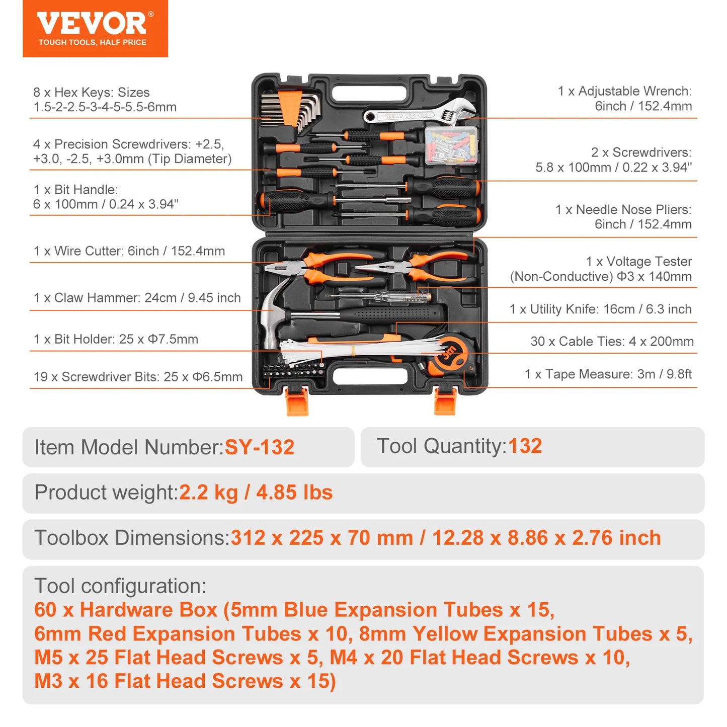 VEVOR Tool Kit Home Repairing Tool Kit with Portable Tool Storage Case for Home Maintenance DIY Projects and Automotive Repair