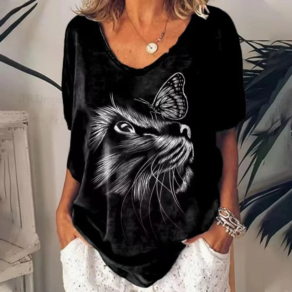 Retro Women's T Shirt Anime Cat Graphic Clothes Summer V-Neck Short Sleeve Tees Harajuku T Shirt Oversized Loose Woman Clothes