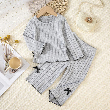 2-6Y Kids Girls Child Set New Arrival Toddler Girl Autumn Winter Set Round Neck Long Sleeve Top and Pants with Bow Decor