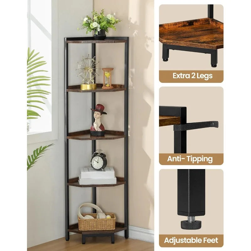 Shelf Stand, Corner Bookshelf, Storage Standing Shelf Unit with Metal Frame, Plant Stand, Corner Bookcase for Living Room