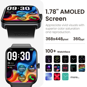 TOZO S4 AcuFit One Smart Watch 1.78" AMOLED Screen Call/Answer Fitness Tracker Heart Rate Sleep Blood Oxygen Monitor