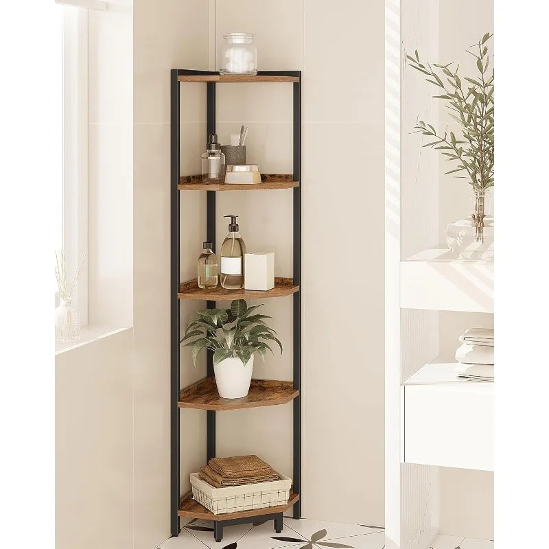 Shelf Stand, Corner Bookshelf, Storage Standing Shelf Unit with Metal Frame, Plant Stand, Corner Bookcase for Living Room