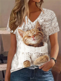 Retro Women's T Shirt Anime Cat Graphic Clothes Summer V-Neck Short Sleeve Tees Harajuku T Shirt Oversized Loose Woman Clothes