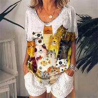Retro Women's T Shirt Anime Cat Graphic Clothes Summer V-Neck Short Sleeve Tees Harajuku T Shirt Oversized Loose Woman Clothes