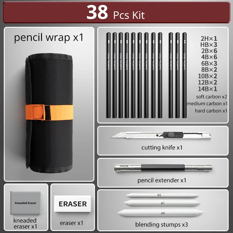 48Pcs Drawing Kit Sketching Pencils Set,Portable Pen Curtain-Charcoal Pencils, Sketch Pencils, Charcoal Stick,Sharpener,Eraser