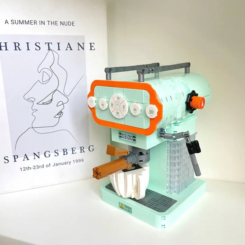 Retro coffee machine, bread machine, small pieces, assembled building blocks, series of educational toys, Christmas birthday gif
