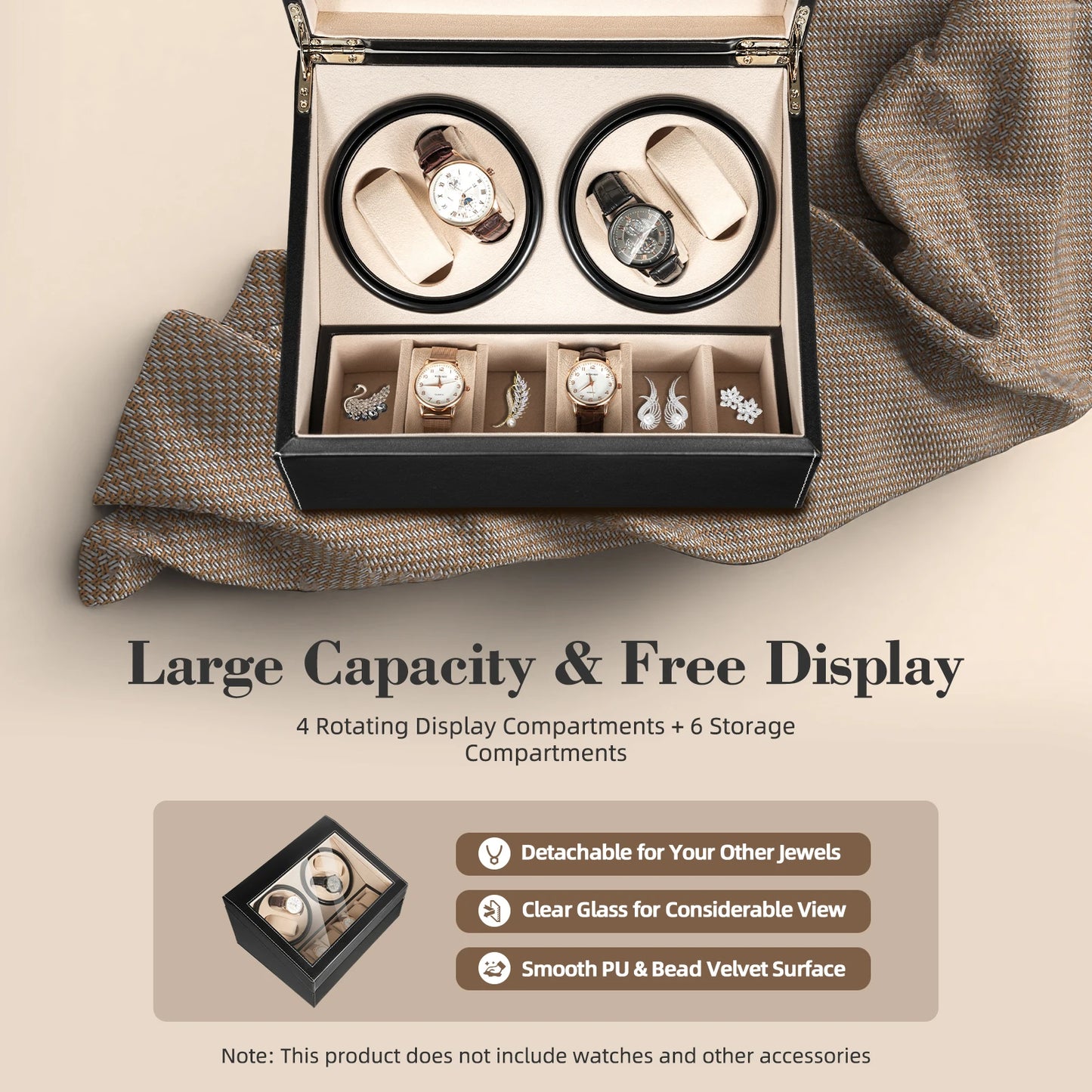 Storage Display Case 4+6 Automatic Rotation Leather Wood Watch Winder with Pillow Luxury Box Black/Brown