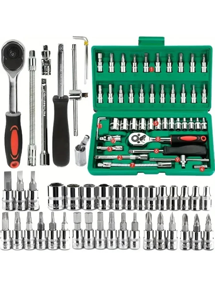 46pc Drive Socket Set 1/4 inch Ratchet Wrench Set with Sockets Metric Hex Bit Socket Set Mechanic Tool Kits for Hous Auto Repair