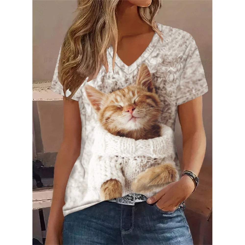 Retro Women's T Shirt Anime Cat Graphic Clothes Summer V-Neck Short Sleeve Tees Harajuku T Shirt Oversized Loose Woman Clothes
