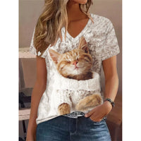 Retro Women's T Shirt Anime Cat Graphic Clothes Summer V-Neck Short Sleeve Tees Harajuku T Shirt Oversized Loose Woman Clothes