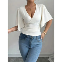 Shirts for Women Summer Solid Colour Casual Fashion Flared Sleeve Slim Deep V Neck Sexy T-Shirt Top Women Clothes Y2k Tops