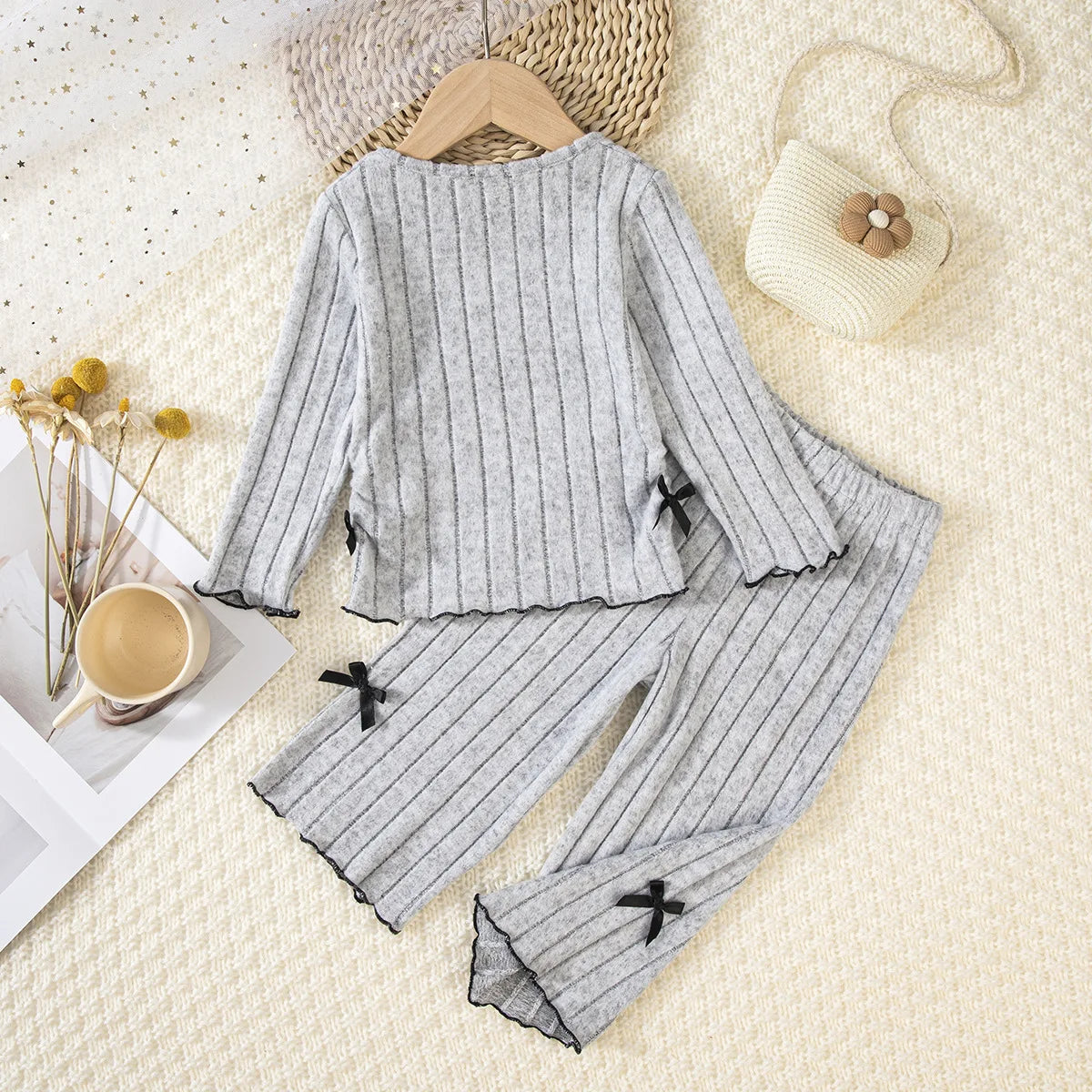 2-6Y Kids Girls Child Set New Arrival Toddler Girl Autumn Winter Set Round Neck Long Sleeve Top and Pants with Bow Decor
