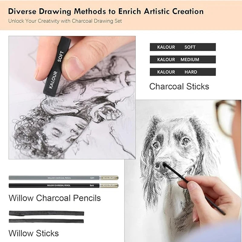 Kalour PDAS Charcoal Sketching Art Set Wood Rod Non-toxic Highlight Drawing Painting Tools Artists Kids High Quality Kit desenho