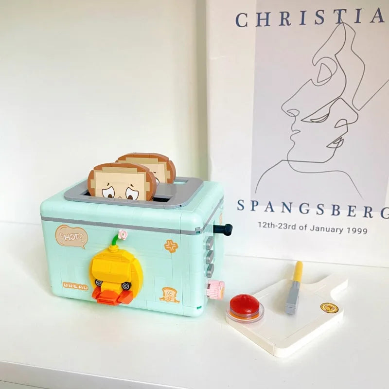 Retro coffee machine, bread machine, small pieces, assembled building blocks, series of educational toys, Christmas birthday gif