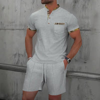 2025 Men Europe and the United States new summer Waffle solid color zip-up lapel short-sleeve suit shorts two sets