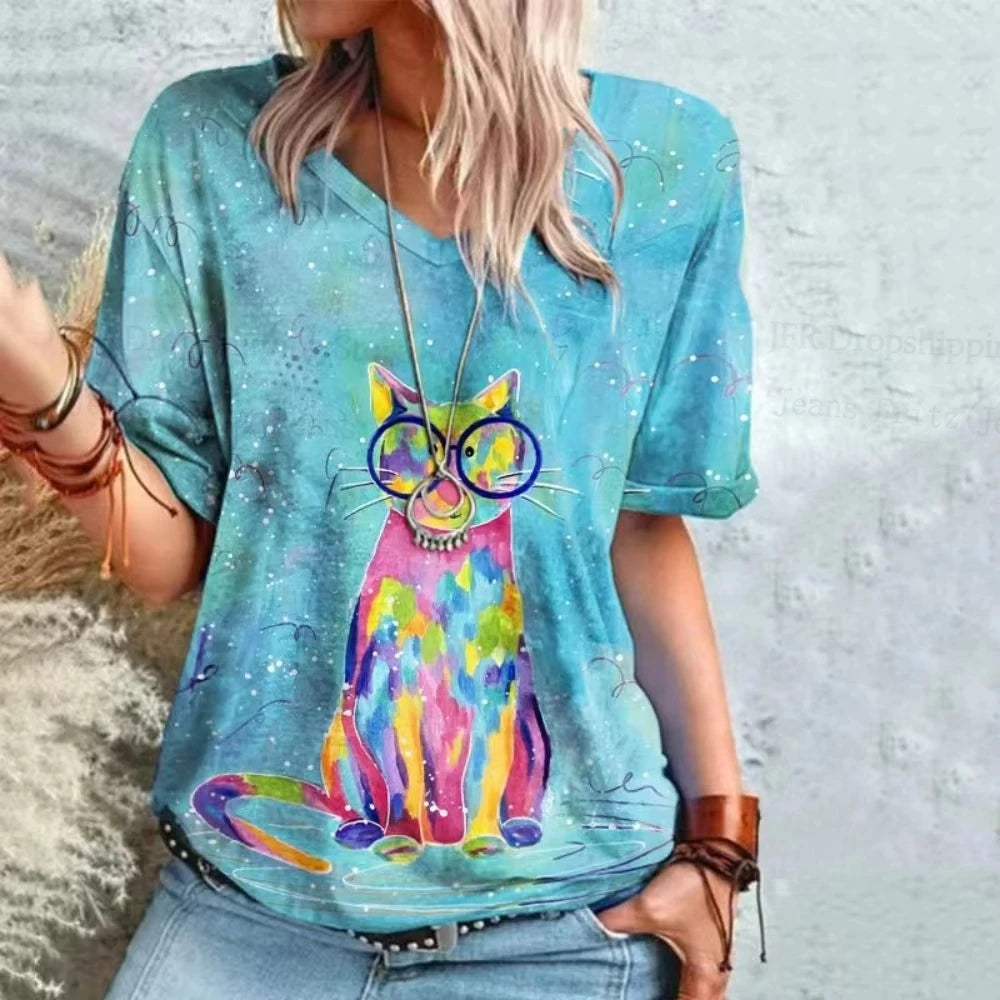 Retro Women's T Shirt Anime Cat Graphic Clothes Summer V-Neck Short Sleeve Tees Harajuku T Shirt Oversized Loose Woman Clothes