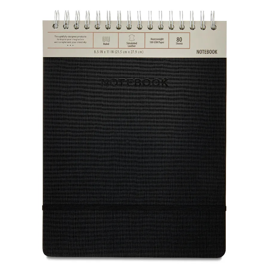 Top Spiral Simulated Leather Notebook, Black, 8.5" x 11", 80 Ruled Sheets