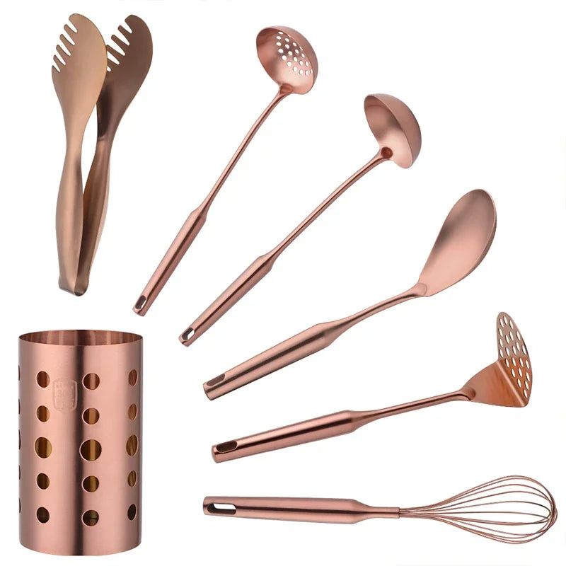 1/7pc Stainless Steel Kitchen Utensils Chopsticks Tube Soup Ladle Colander Set Gold Cooking Tool Set Egg Stirrer Kitchenware Set