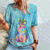 Retro Women's T Shirt Anime Cat Graphic Clothes Summer V-Neck Short Sleeve Tees Harajuku T Shirt Oversized Loose Woman Clothes