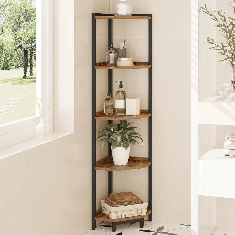 Shelf Stand, Corner Bookshelf, Storage Standing Shelf Unit with Metal Frame, Plant Stand, Corner Bookcase for Living Room