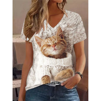 Retro Women's T Shirt Anime Cat Graphic Clothes Summer V-Neck Short Sleeve Tees Harajuku T Shirt Oversized Loose Woman Clothes