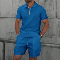 2025 Men Europe and the United States new summer Waffle solid color zip-up lapel short-sleeve suit shorts two sets