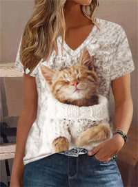 Retro Women's T Shirt Anime Cat Graphic Clothes Summer V-Neck Short Sleeve Tees Harajuku T Shirt Oversized Loose Woman Clothes
