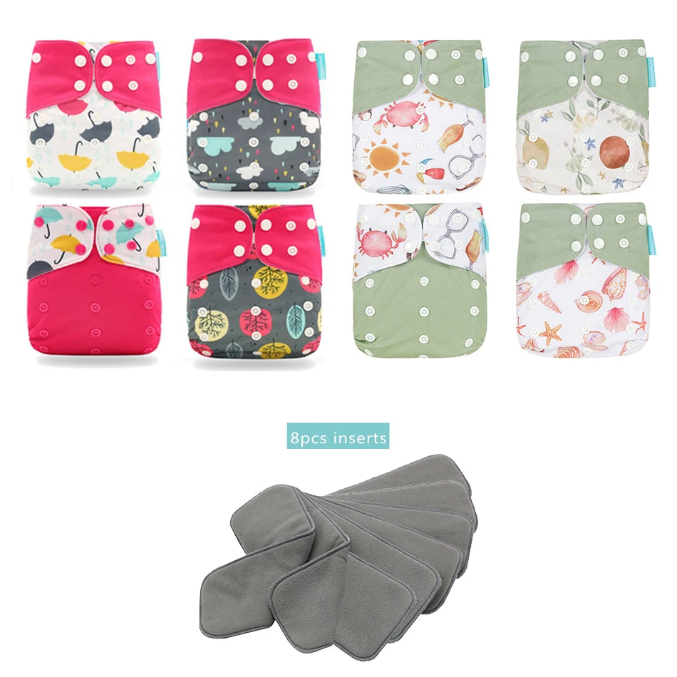 Happyflute New OS Pocket Nappy Set Adjustable 8pcs Diape+8pcs Bamboo Charcoal Insert Waterproof&Reusable Washable Baby Diaper
