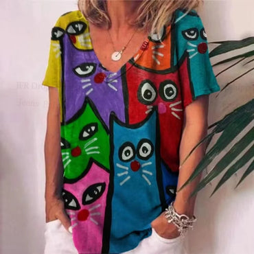 Retro Women's T Shirt Anime Cat Graphic Clothes Summer V-Neck Short Sleeve Tees Harajuku T Shirt Oversized Loose Woman Clothes
