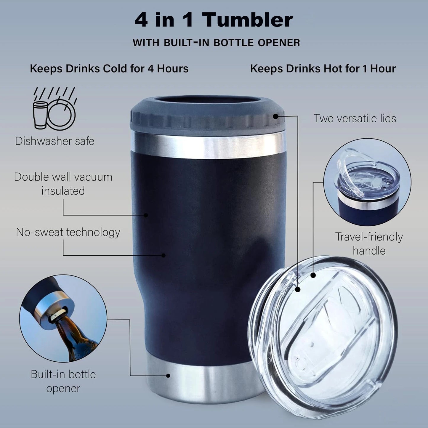 14oz Car Insulated Can Cooler, Universal Stainless Steel Double Lid Beer Cup Cooling Ice Water Bottles Insulated Slim Can Cooler