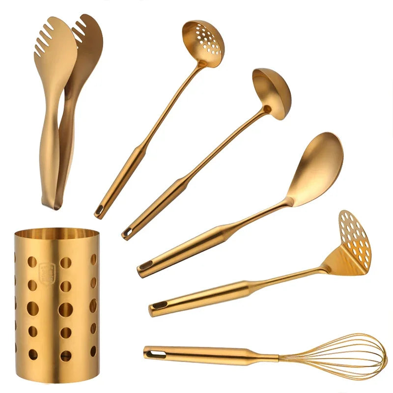 1/7pc Stainless Steel Kitchen Utensils Chopsticks Tube Soup Ladle Colander Set Gold Cooking Tool Set Egg Stirrer Kitchenware Set