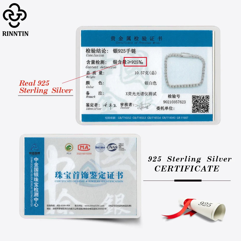 Rinntin Genuine 925 Sterling Silver Tennis Chain Bracelet Handmade High-end Luxury Hand Chain for Men Women Jewelry Gift SB128