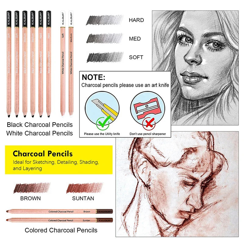 Kalour PDAS Charcoal Sketching Art Set Wood Rod Non-toxic Highlight Drawing Painting Tools Artists Kids High Quality Kit desenho