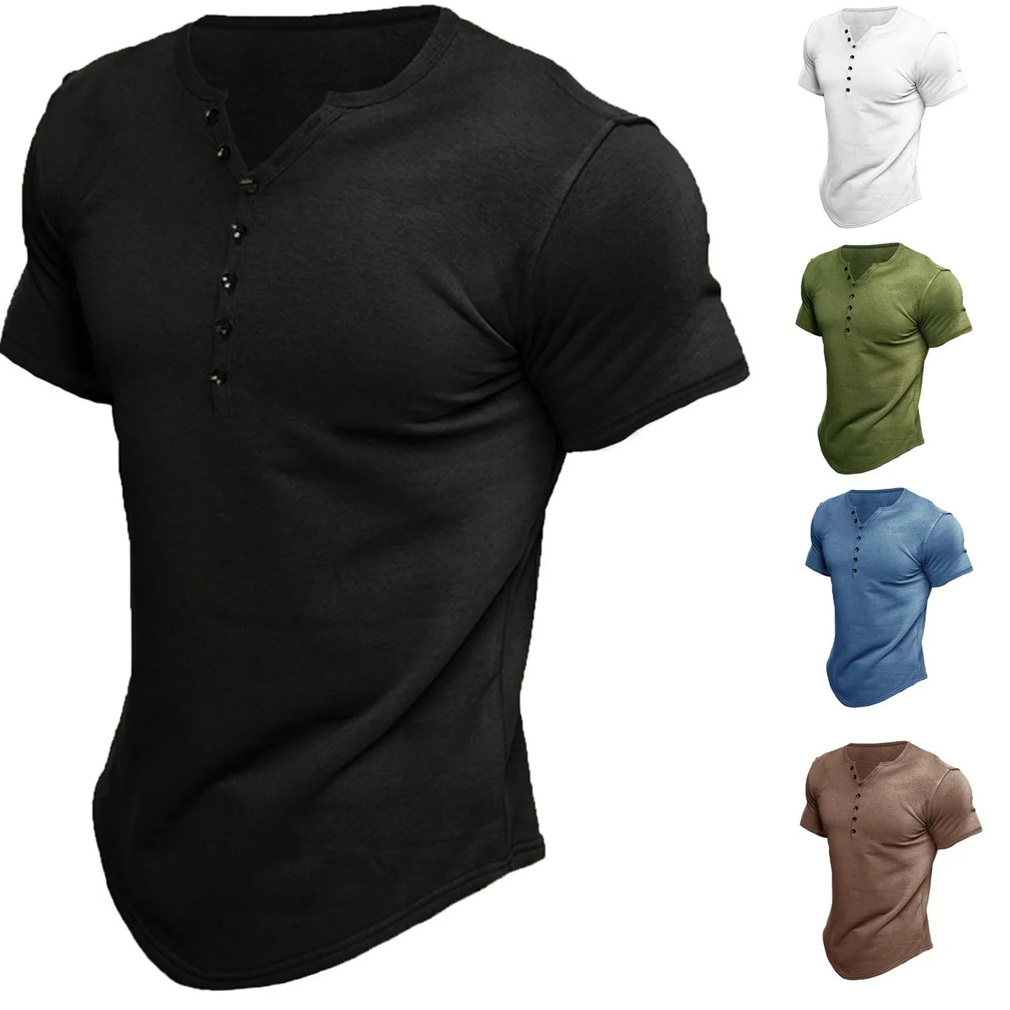 Summer Fashion Mens Small V Collared Short Sleeve T Shirts Man Solid Color Henry Shirt For Men Tee Shirt Homme Camiseta Hombre